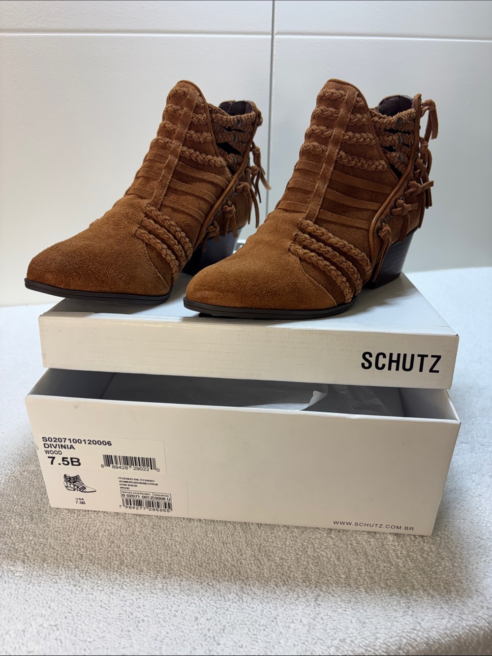 SCHUTZ Divinia Wood Tan Suede Braided Ankle Booties